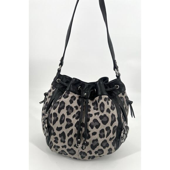 TIGNANELLO Vintage Leopard Suede Leather Drawstring Bucket Purse Bag + Keychain - Picture 2 of 15